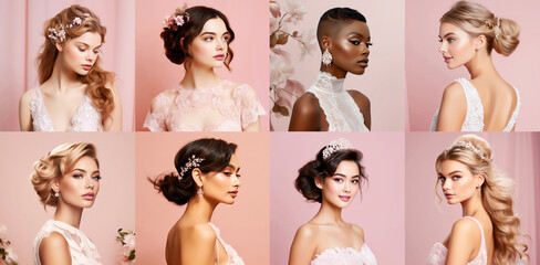 Collage with bridal hairstyles and makeup collection. Romantic and trendy look for wedding celebration - obrazy, fototapety, plakaty