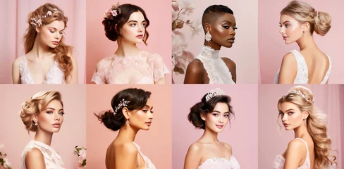 Poster Collage with bridal hairstyles and makeup collection. Romantic and trendy look for wedding celebration © netrun78