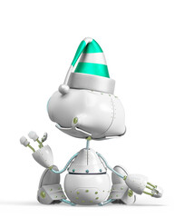 santa helper bot is sitting down and looking up on rear view