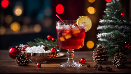 Glass with cocktail, Christmas, holiday background