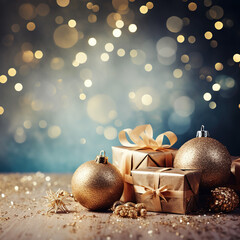 christmas gift box with golden baubles