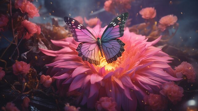 Butterfly Pink Flower Style Purple Drawing Wallpaper Picture AI Generated Art