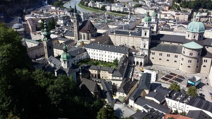 Aerial view of Salzburg with Hohensalzburg Fortress and other historical buildings. Austria.