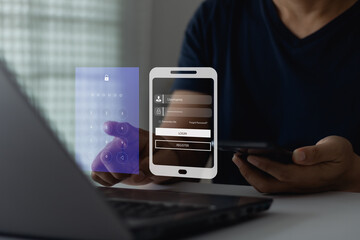 Business people press the password on the user Interface login screen access to Internet bank account in two-step verification technology by receiving an SMS OTP security code via online mobile app.