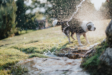 Dogs have fun in a sunny park, splashing and refreshing themselves in water. They enjoy the green environment and the natural, hot weather. No people interrupt their playful motion.