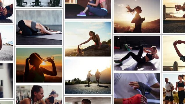 People, fitness and photography montage in sequence for sports motivation, training or health and wellness. Photographs, gallery or collage of athletes in cardio workout, marketing or advertising