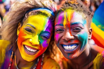Two people were painted with rainbow colored paint.