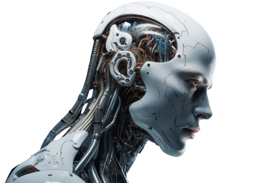 Realistic Exoskeleton Cyborg male face PNG isolated on white and transparent background - sci-fi technology concept