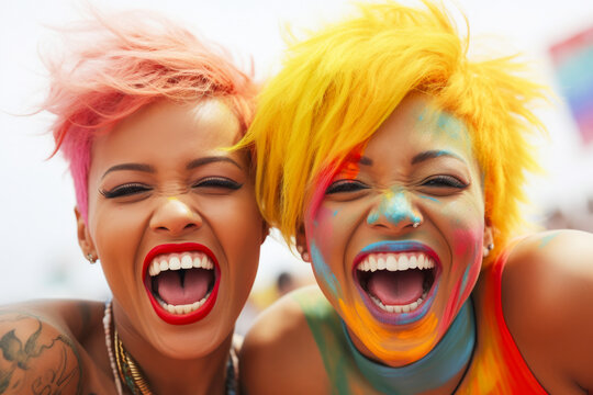 Two girls laughing while smiling with rainbow color paint at pride festival.
