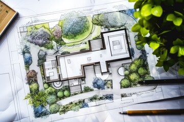 Architectural plans with landscape design on the desk. Top view
