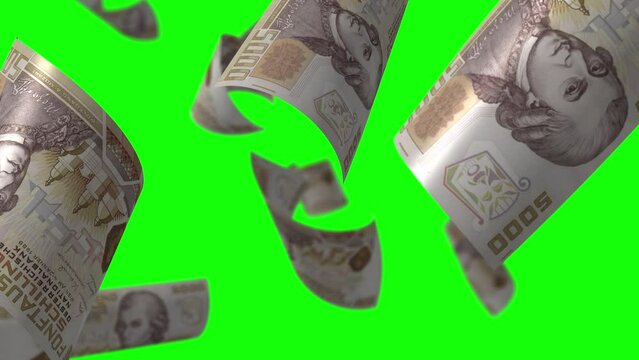 Falling Austrian Schilling banknotes. Seamless loop Green screen.