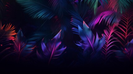 Obraz na płótnie Canvas Tropical leaves neon light. Generation AI