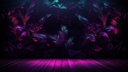 Tropical leaves neon light. Generation AI - obrazy, fototapety, plakaty