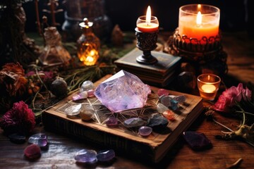 Obraz na płótnie Canvas Crystals altar idea. Creating sacred meditaion space with good vibes for home