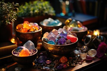 Obraz na płótnie Canvas Crystals altar idea. Creating sacred meditaion space with good vibes for home