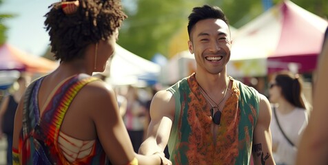 A dynamic community festival. a Asian person , in their late 20s, wearing a vibrant, multicolored shirt and jeans. friendly demeanor, exchanging greetings and small talk. generative AI
