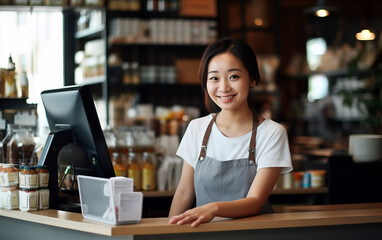 Asian smiling woman working as a cashier in the store - obrazy, fototapety, plakaty