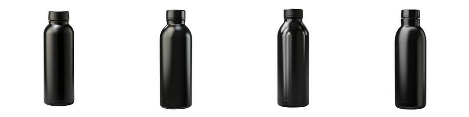 Black reusable thermo water bottle Hyperrealistic Highly Detailed Isolated On Transparent Background Png File - obrazy, fototapety, plakaty