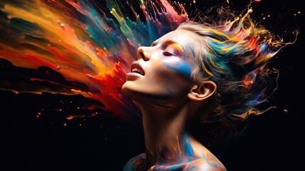 horizontal portrait of a young girl with colorful splashes on her face, body and hair AI generated