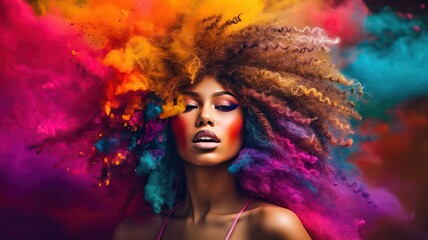portrait of a young lady with colorful curly hair AI generated