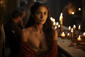 Pretty lady. In the enchanting ambiance of a tavern, a beautiful girl captivates with her charm, adding allure to the conviviality of this social gathering.