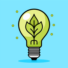 Green lightbulb icon with leaves on blue background, symbol of green energy. Vector isolated minimalistic illustration.