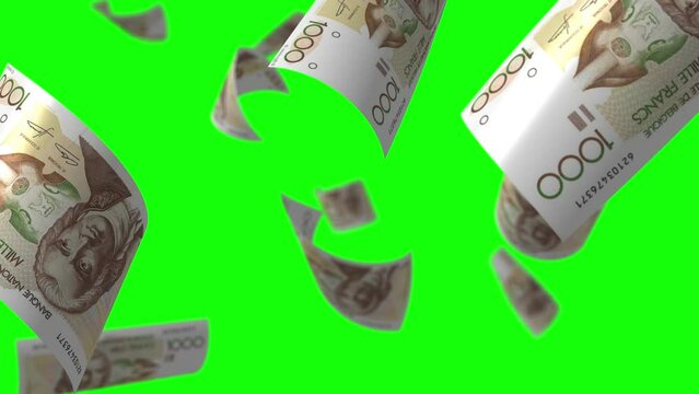 Falling Denmark Krone banknotes. Seamless loop Green screen.