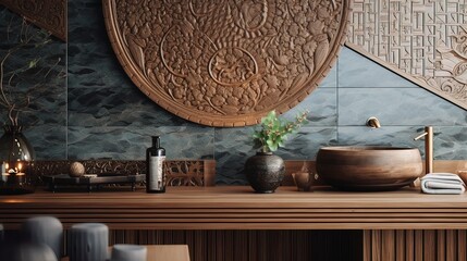 Interior with wooden elements. Generation AI