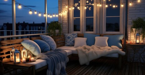 Obraz na płótnie Canvas Outdoor balcony with warm lights and lighting created with AI