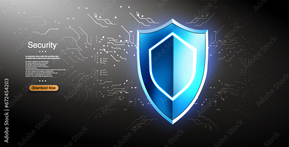 Poster secure your digital world: 3d vector illustration of a blue security shield on a futuristic circuit 
