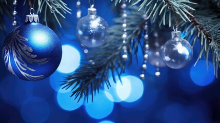 Fototapeta na wymiar Deep blue color Christmas tree ornaments with bokeh background. Fir tree branches in trendy beautifully decorated with blue balls with lights garland. Merry Xmas and New Year concept.
