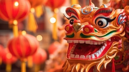 Close up of Chinese Dragon Head performing its traditional dragon dance festival. Chinese New Year celebration 2024..