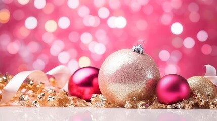 Fototapeta premium Pinkmas concept. Pink Christmas tree branches decorated with ornaments in pink color. Merry Xmas, Happy New Year 2024 in trendy colors. Vibrant colorful background for cards, invitations, greetings.