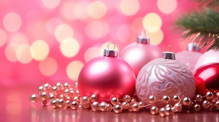 Pinkmas concept. Pink Christmas tree branches decorated with ornaments in pink color. Merry Xmas, Happy New Year 2024 in trendy colors. Vibrant colorful background for cards, invitations, greetings.