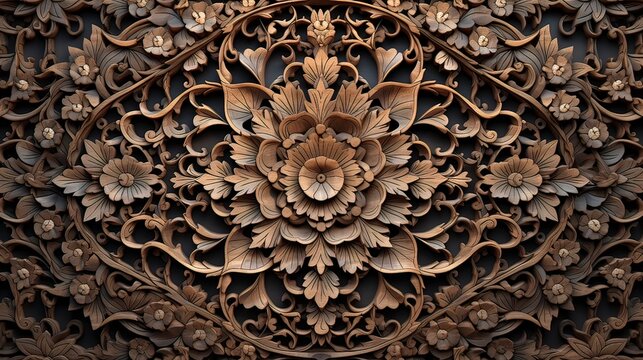 Wooden mosaic in oriental style. Generation AI