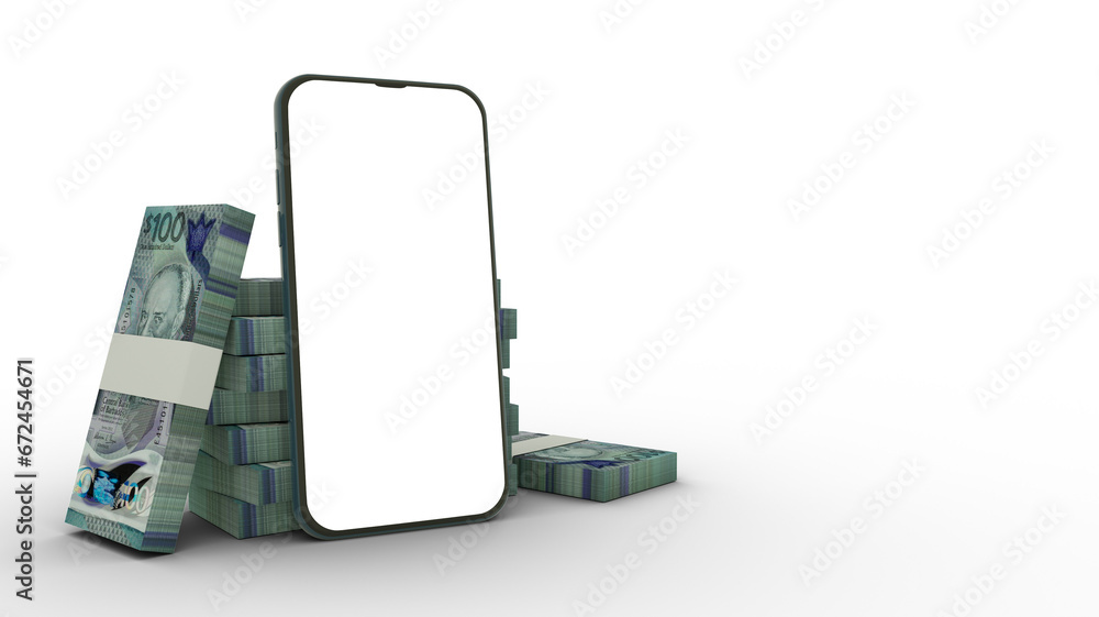 Poster 3d rendering of a mobile phone with blank screen in front of stacks of barbados dollar notes isolate