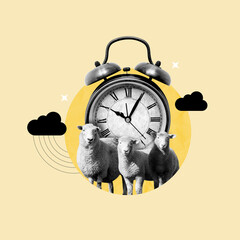 insomnia, sheep and a clock, not being able to sleep, counting sheep, sleep, at night, stars,...