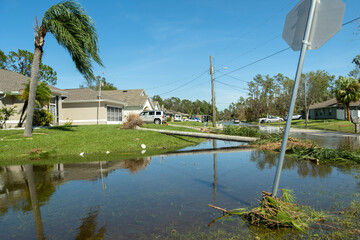 Flooded road in Florida after heavy hurricane rainfall