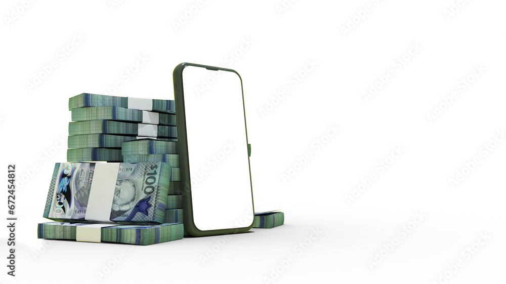 Poster 3d rendering of a mobile phone with blank screen in front of stacks of barbados dollar notes isolate