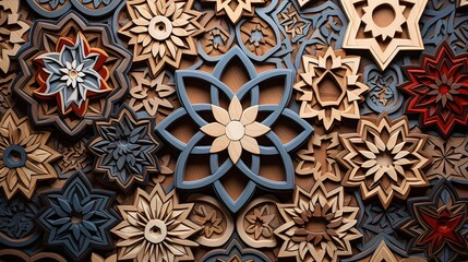 Wooden mosaic in oriental style. Generation AI