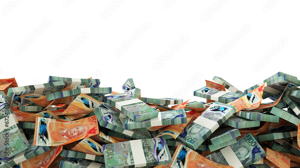 Aufkleber 3d rendering of a lot of stacks of barbados dollar notes spread at the on bottom of screen. 3d rende