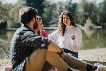 Two carefree friends, young women relaxing and having fun in a sunny city park surrounded by nature. Enjoying a positive and playful conversation, they embody the spirit of a joyful weekend.
