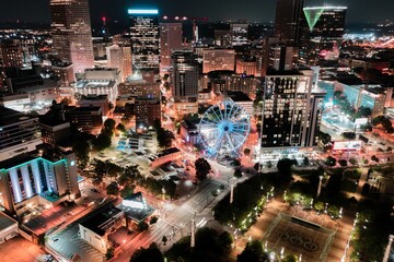 Aerial view of a Atlanta city at night, illuminated by the lights of the city