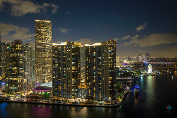 Night urban landscape of downtown district of Miami Brickell in Florida, USA. Skyline with brightly...