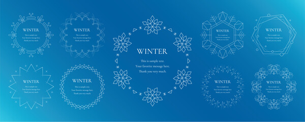 素材_フレームのセット_雪の結晶と光をモチーフにした冬の飾り枠。高級感のある囲みのデザイン