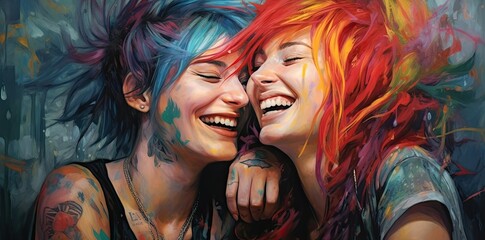 Portrait of two joyful lesbian girls with bright short hair