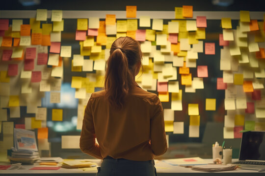 Young female employee standing backwards with conflicting priorities and To many sticky notes and reminders in the office