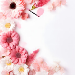 Creative layout made of pink and white flowers on a white background