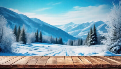 Wood table with winter landscape background and copy space