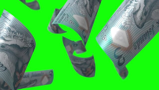 Falling Cook Islands money banknotes. Seamless loop Green screen.